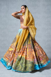 Orange and Yellow Banarasi Silk Hand Paint Ghat Inspired Lehenga